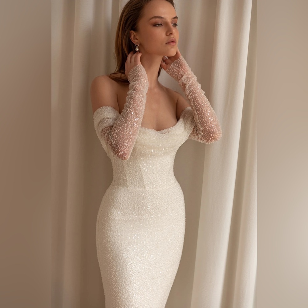 Eva Lendel Aretta Strapless Beaded Dress with Off-Shoulder Sleeves